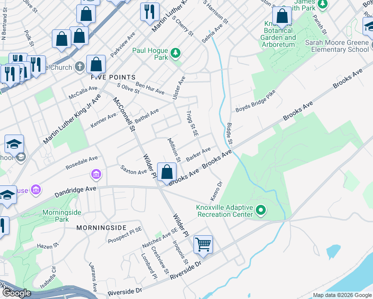 map of restaurants, bars, coffee shops, grocery stores, and more near 2211 Barker Avenue in Knoxville