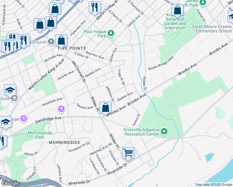 map of restaurants, bars, coffee shops, grocery stores, and more near 2211 Barker Avenue in Knoxville