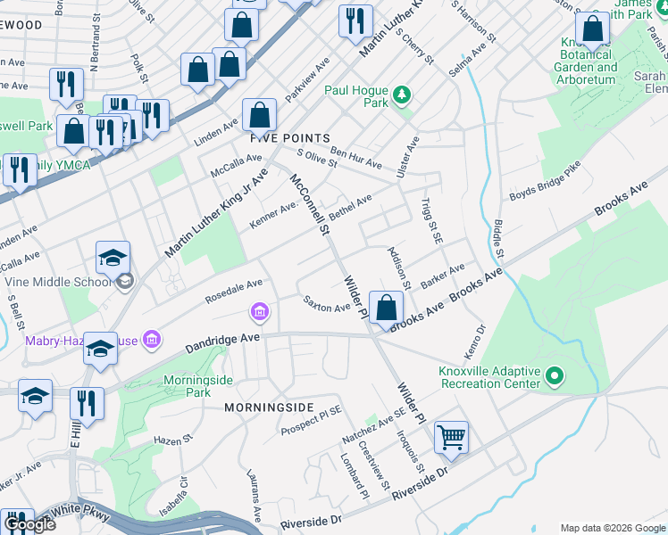 map of restaurants, bars, coffee shops, grocery stores, and more near 2017 Amanda Court in Knoxville