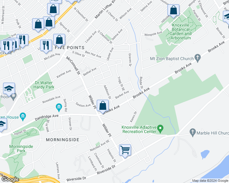 map of restaurants, bars, coffee shops, grocery stores, and more near 2222 Chester Street in Knoxville