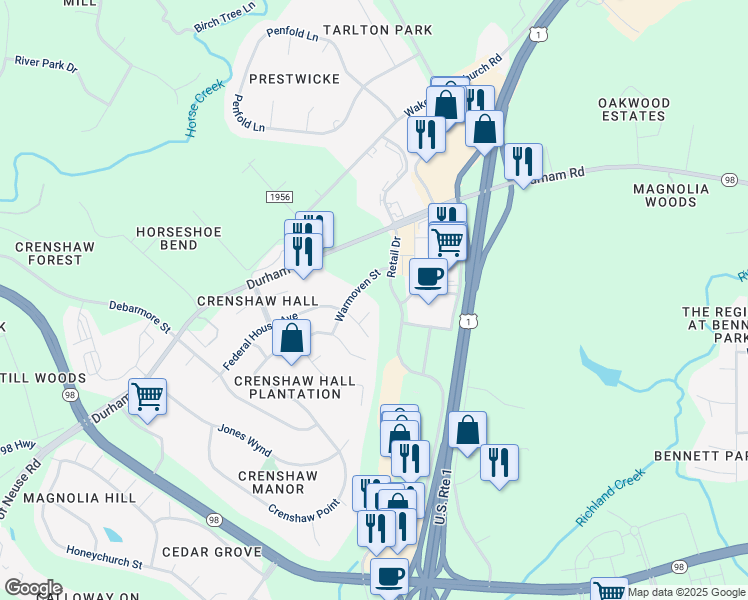 map of restaurants, bars, coffee shops, grocery stores, and more near 1100 Washhouse Lane in Wake Forest