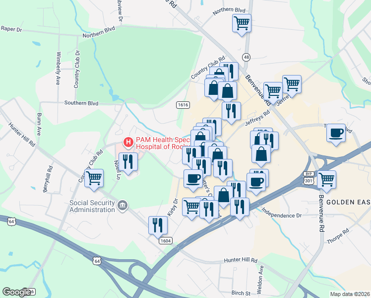 map of restaurants, bars, coffee shops, grocery stores, and more near 112-198 Southall Court in Rocky Mount
