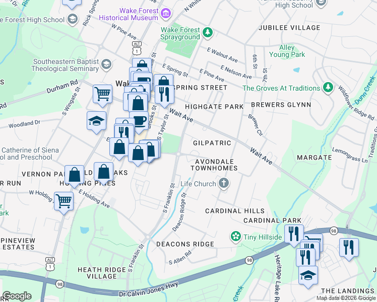 map of restaurants, bars, coffee shops, grocery stores, and more near 512 Elm Avenue in Wake Forest