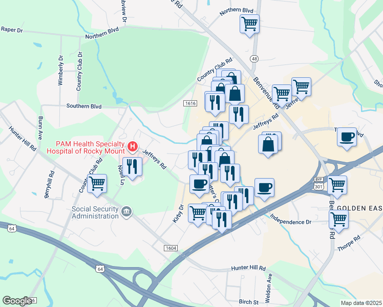 map of restaurants, bars, coffee shops, grocery stores, and more near 209 Ashmore Lane in Rocky Mount
