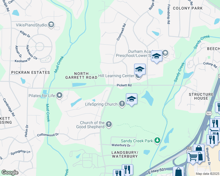 map of restaurants, bars, coffee shops, grocery stores, and more near 3617 Cedarbird Way in Durham