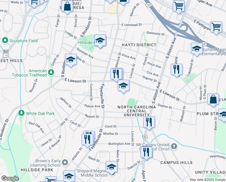map of restaurants, bars, coffee shops, grocery stores, and more near 1801 Fayetteville Street in Durham
