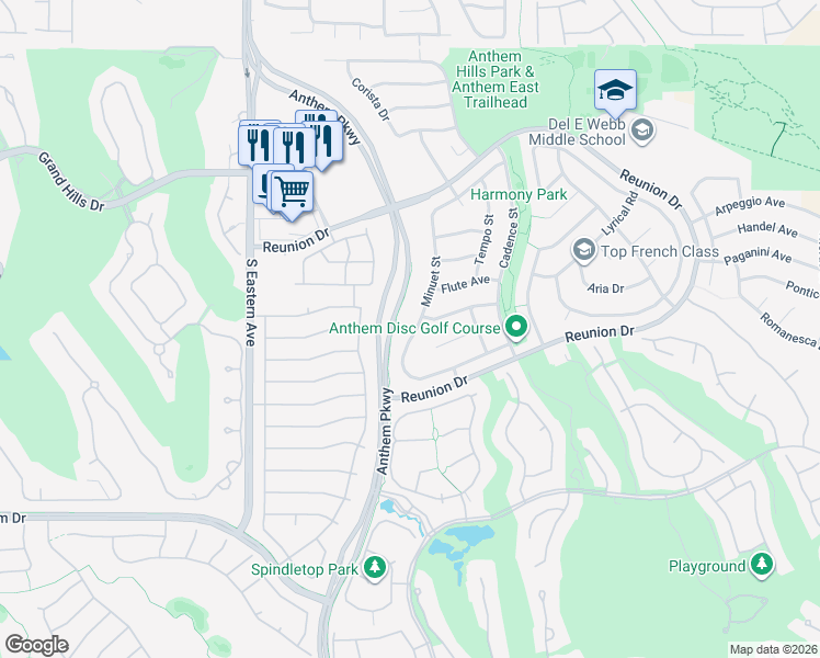 map of restaurants, bars, coffee shops, grocery stores, and more near 1367 Minuet Street in Henderson
