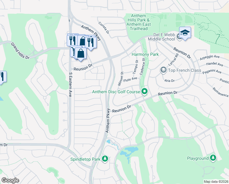 map of restaurants, bars, coffee shops, grocery stores, and more near 1367 Minuet Street in Henderson