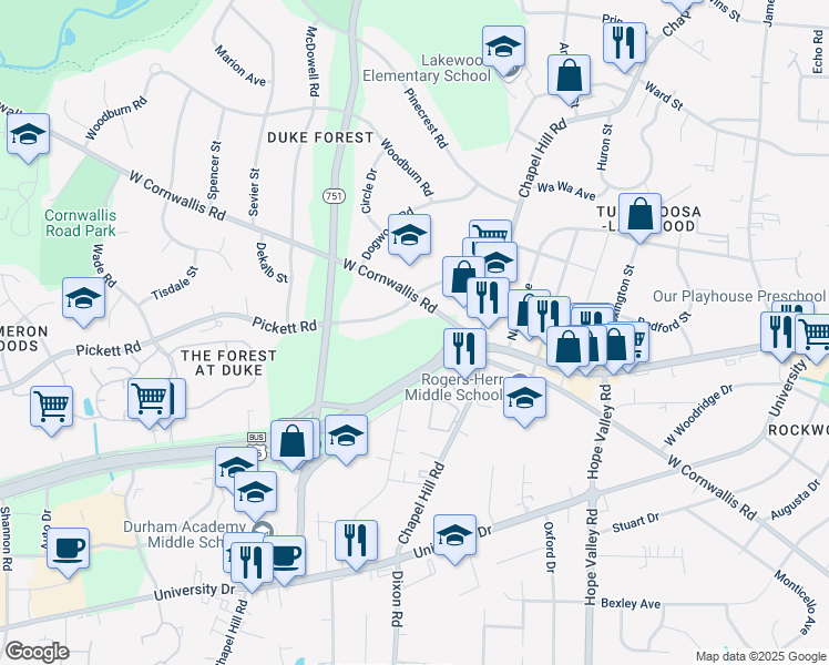 map of restaurants, bars, coffee shops, grocery stores, and more near 2505 Pickett Road in Durham