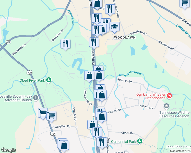 map of restaurants, bars, coffee shops, grocery stores, and more near North Main Street in Crossville