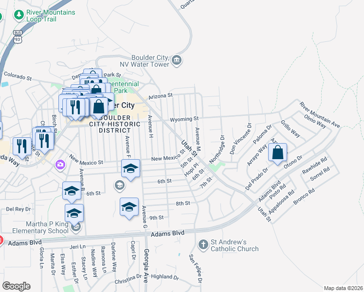 map of restaurants, bars, coffee shops, grocery stores, and more near 648 Utah Street in Boulder City