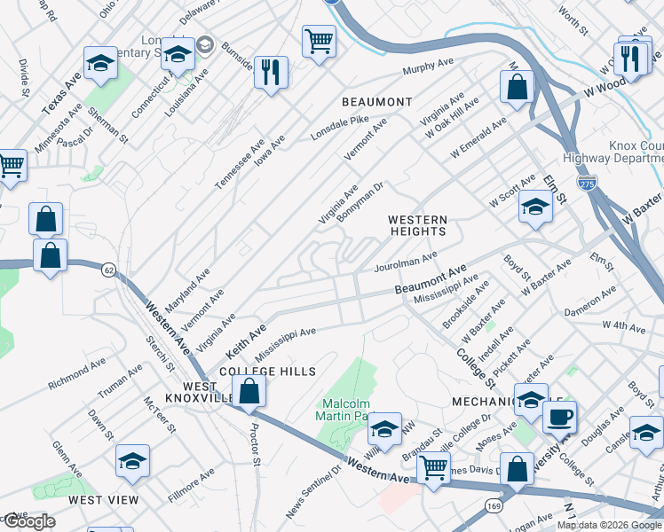 map of restaurants, bars, coffee shops, grocery stores, and more near 1621 Jourolman Avenue in Knoxville