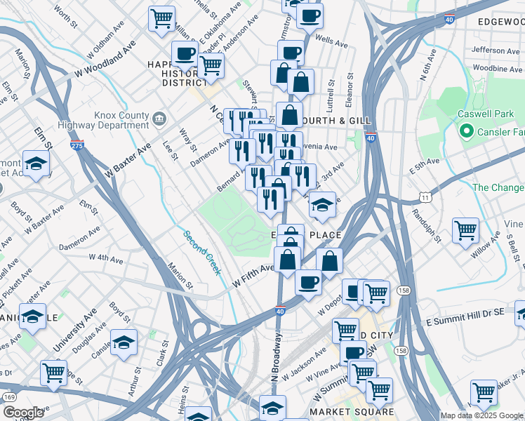 map of restaurants, bars, coffee shops, grocery stores, and more near 127 Jennings Avenue in Knoxville