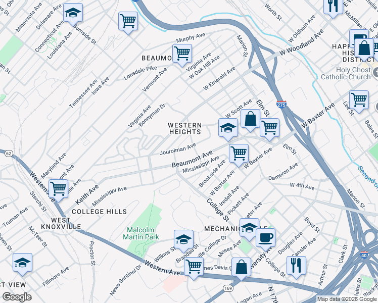 map of restaurants, bars, coffee shops, grocery stores, and more near 1311 Reed Street in Knoxville