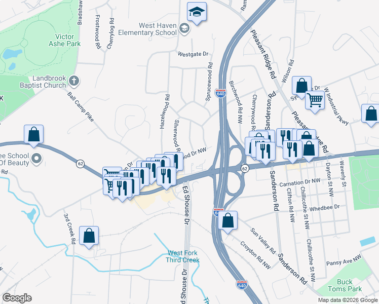 map of restaurants, bars, coffee shops, grocery stores, and more near 3104 Sandalwood Road Northwest in Knoxville
