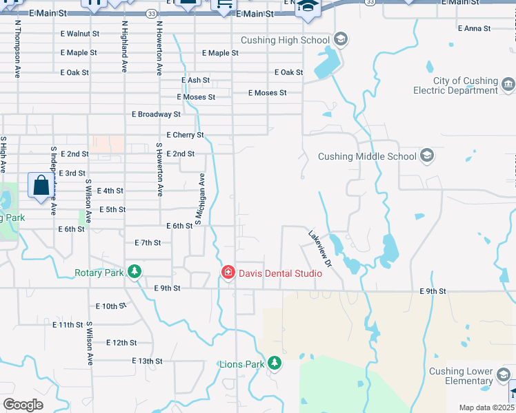 map of restaurants, bars, coffee shops, grocery stores, and more near 530 South Linwood Avenue in Cushing