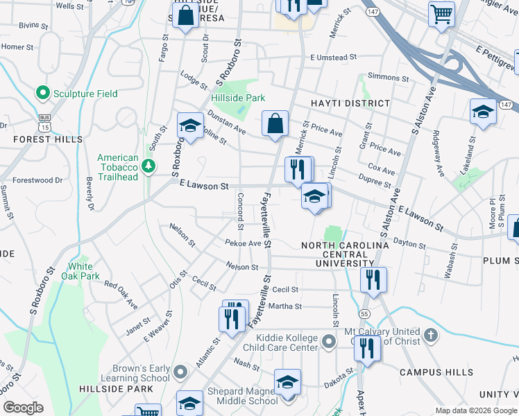 map of restaurants, bars, coffee shops, grocery stores, and more near 1902 Fayetteville Street in Durham