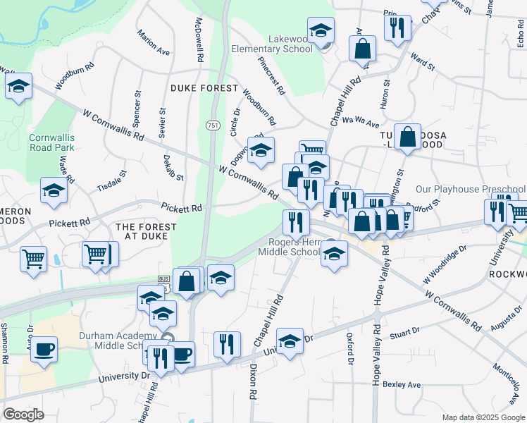 map of restaurants, bars, coffee shops, grocery stores, and more near 2505 Pickett Road in Durham