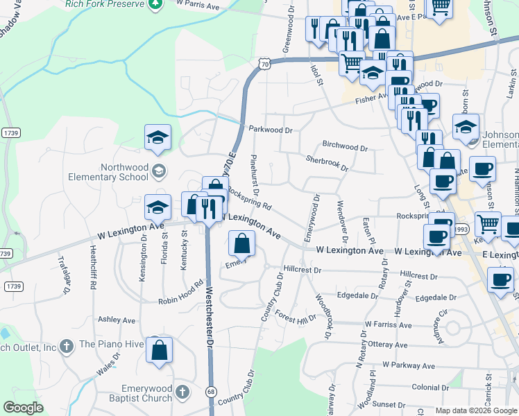 map of restaurants, bars, coffee shops, grocery stores, and more near 700 Rockspring Road in High Point