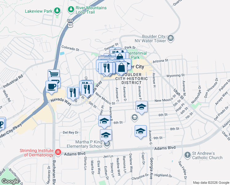 map of restaurants, bars, coffee shops, grocery stores, and more near in Boulder City