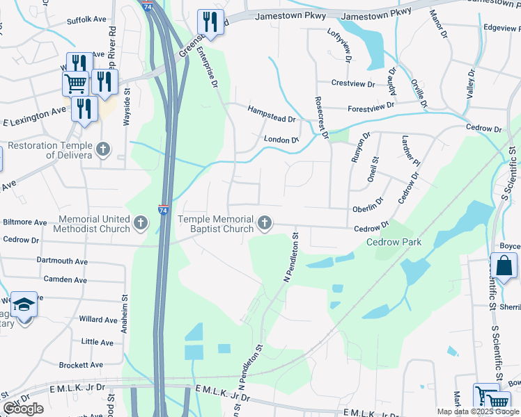 map of restaurants, bars, coffee shops, grocery stores, and more near 1518 Kingsway Drive in High Point