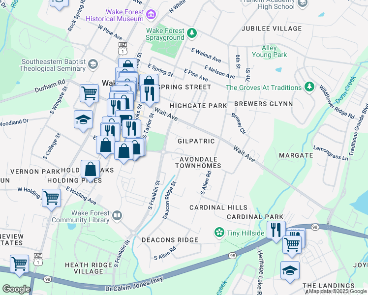map of restaurants, bars, coffee shops, grocery stores, and more near 539 Elm Avenue in Wake Forest