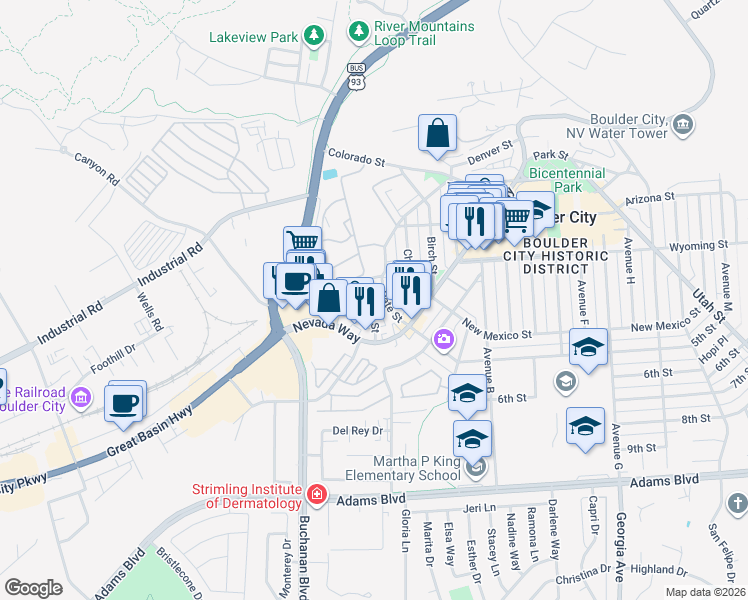 map of restaurants, bars, coffee shops, grocery stores, and more near 529 Elm Street in Boulder City