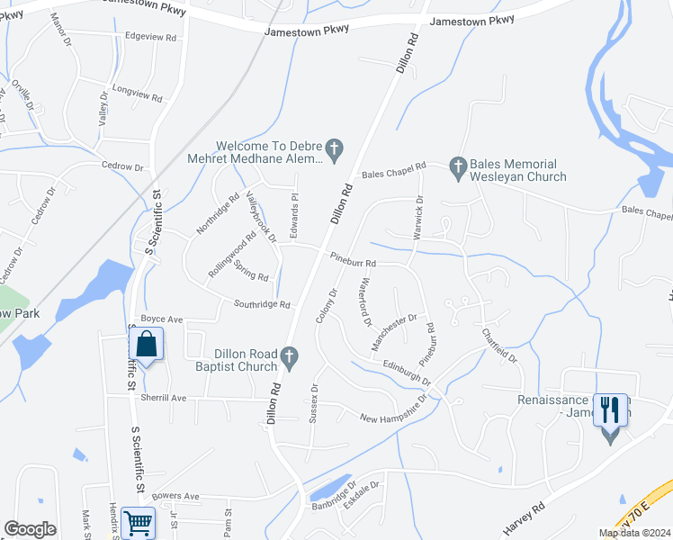 map of restaurants, bars, coffee shops, grocery stores, and more near 3213 Colony Drive in Jamestown