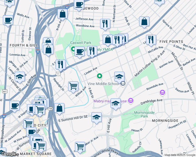 map of restaurants, bars, coffee shops, grocery stores, and more near 1601 McCalla Avenue in Knoxville