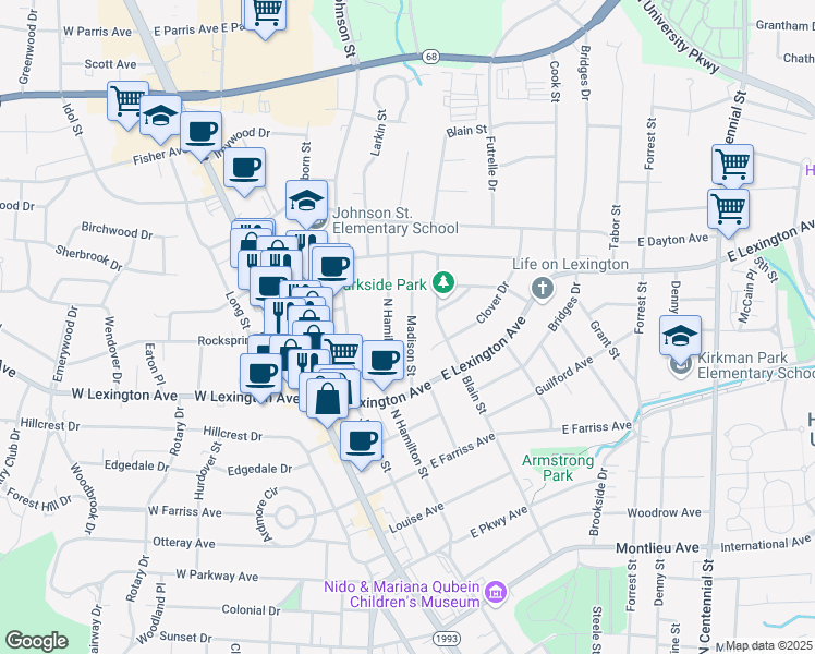 map of restaurants, bars, coffee shops, grocery stores, and more near 1419 Madison Street in High Point