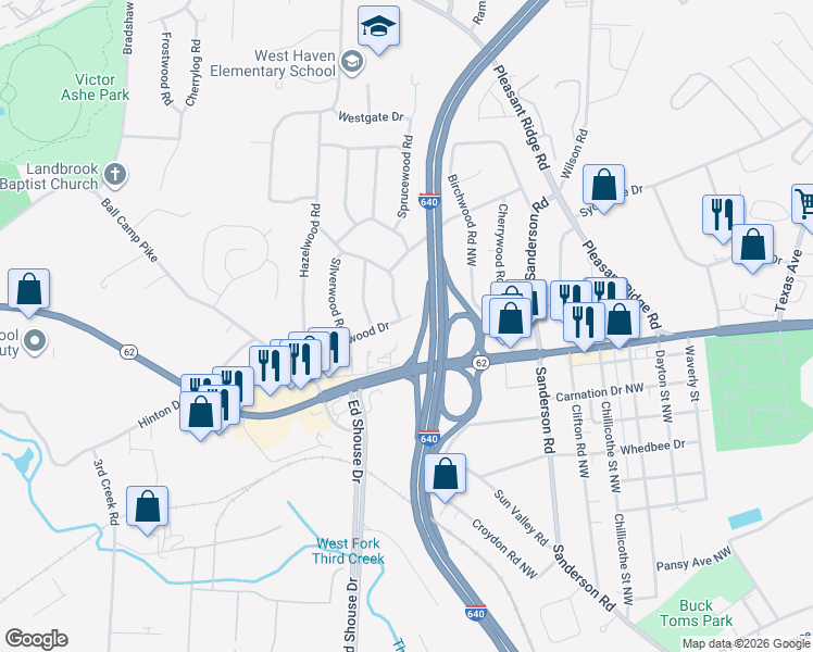 map of restaurants, bars, coffee shops, grocery stores, and more near 4025 Thornwood Drive in Knoxville
