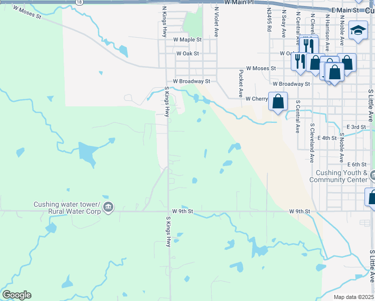 map of restaurants, bars, coffee shops, grocery stores, and more near 502 South Kings Highway in Cushing