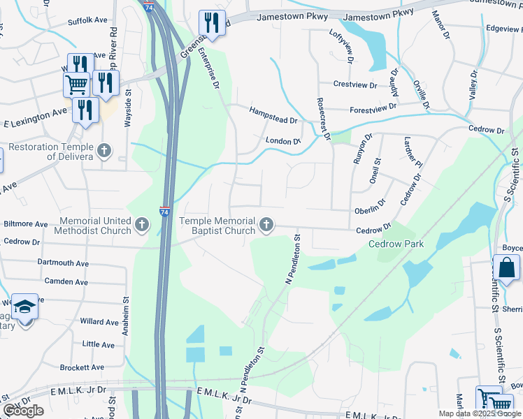 map of restaurants, bars, coffee shops, grocery stores, and more near 1518 Kingsway Drive in High Point