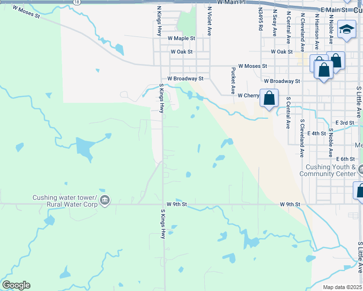 map of restaurants, bars, coffee shops, grocery stores, and more near 502 South Kings Highway in Cushing