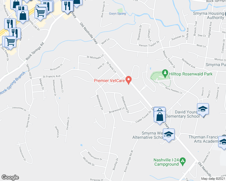 map of restaurants, bars, coffee shops, grocery stores, and more near 500 Shadowood Drive in Smyrna