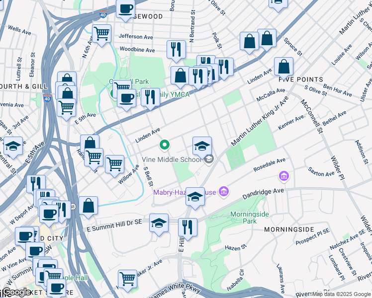 map of restaurants, bars, coffee shops, grocery stores, and more near 199 Langland Street in Knoxville