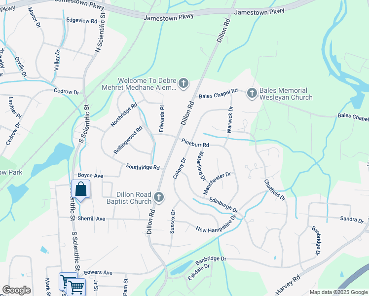 map of restaurants, bars, coffee shops, grocery stores, and more near 3213 Colony Drive in Jamestown