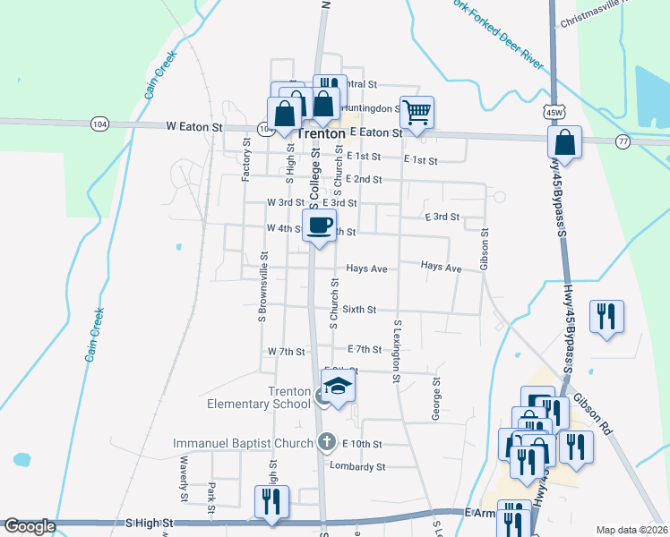 map of restaurants, bars, coffee shops, grocery stores, and more near South Church Street in Trenton