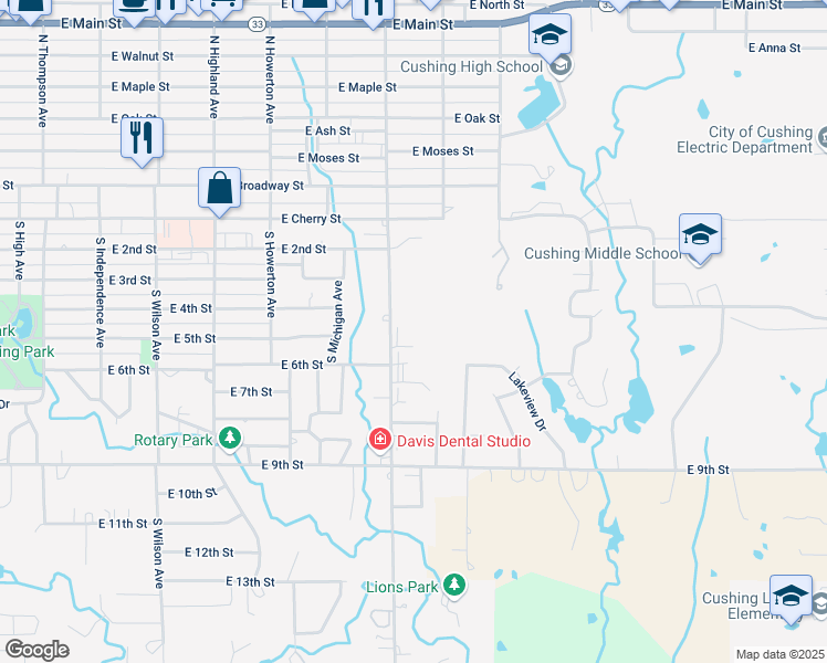 map of restaurants, bars, coffee shops, grocery stores, and more near 530 South Linwood Avenue in Cushing