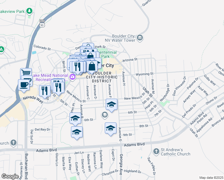 map of restaurants, bars, coffee shops, grocery stores, and more near in Boulder City