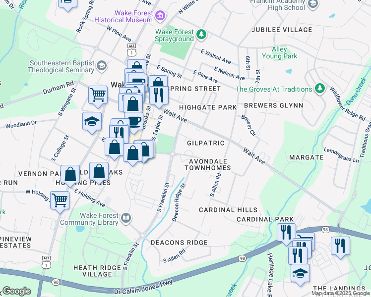 map of restaurants, bars, coffee shops, grocery stores, and more near 517 Elm Avenue in Wake Forest