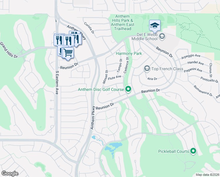 map of restaurants, bars, coffee shops, grocery stores, and more near 1354 Minuet Street in Henderson