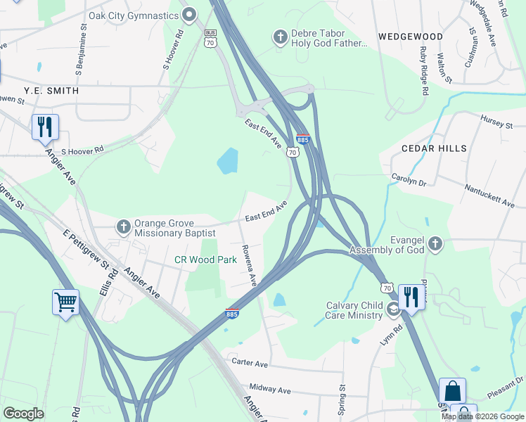map of restaurants, bars, coffee shops, grocery stores, and more near 131 Dural Road in Durham