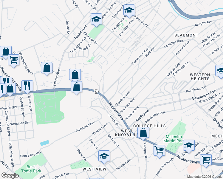 map of restaurants, bars, coffee shops, grocery stores, and more near 2140 Tennessee Avenue in Knoxville