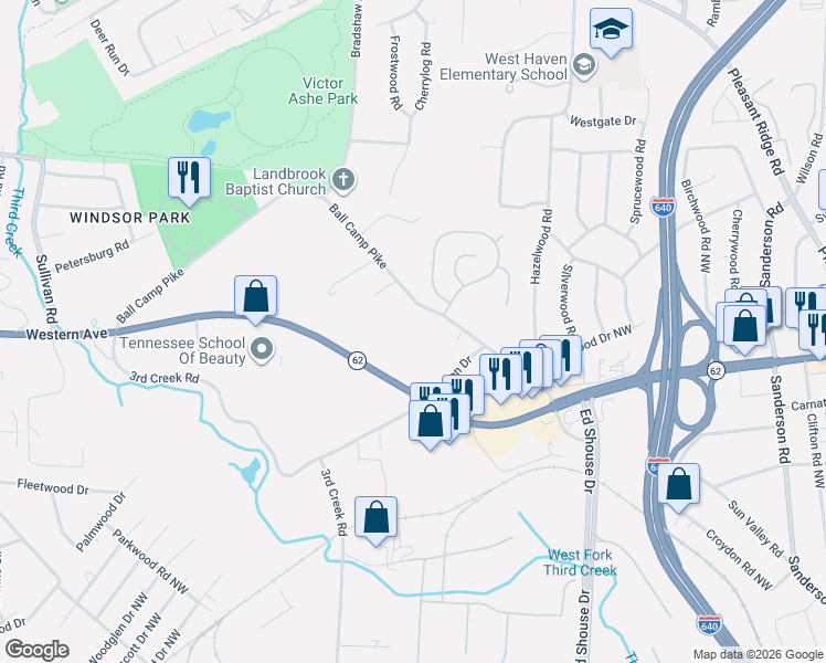 map of restaurants, bars, coffee shops, grocery stores, and more near 4602 Ball Camp Pike in Knoxville