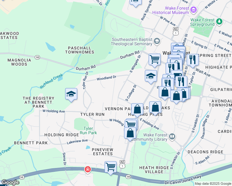 map of restaurants, bars, coffee shops, grocery stores, and more near 554 South Wingate Street in Wake Forest