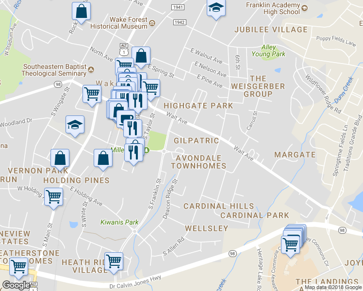 map of restaurants, bars, coffee shops, grocery stores, and more near 531 Elm Avenue in Wake Forest