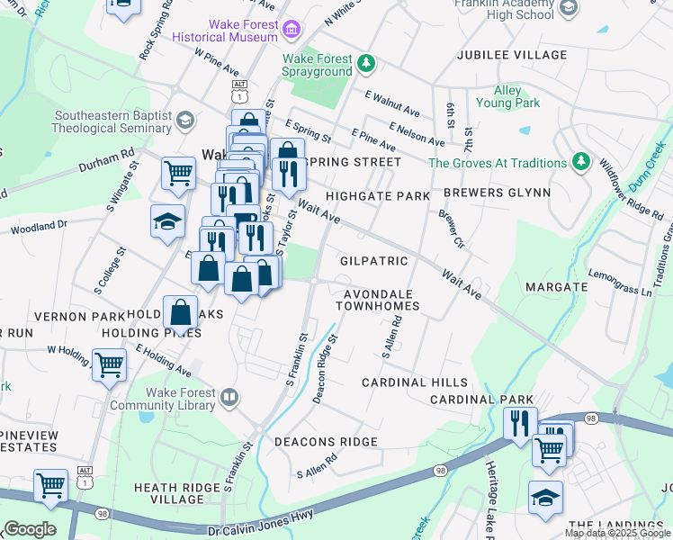 map of restaurants, bars, coffee shops, grocery stores, and more near 517 Elm Avenue in Wake Forest