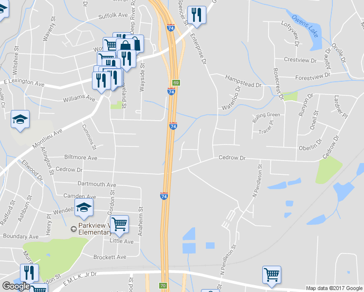 map of restaurants, bars, coffee shops, grocery stores, and more near 526 Warbler Court in High Point