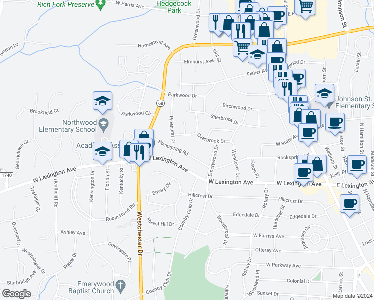 map of restaurants, bars, coffee shops, grocery stores, and more near 622 Rockspring Road in High Point